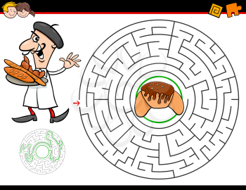 Cartoon Illustration of Education Maze or Labyrinth Activity Game for Children with Baker and Croissant