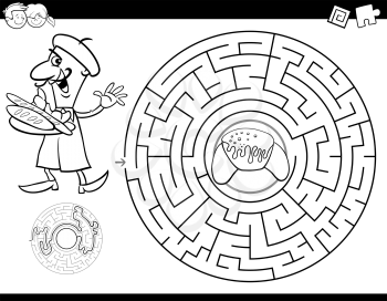 Black and White Cartoon Illustration of Education Maze or Labyrinth Activity Game for Children with Baker and Croissant Coloring Book