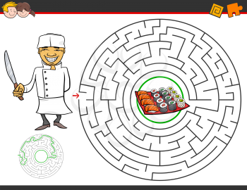 Cartoon Illustration of Education Maze or Labyrinth Activity Game for Children with Chef and Sushi