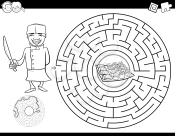 Black and White Cartoon Illustration of Education Maze or Labyrinth Activity Game for Children with Chef and Sushi Coloring Book