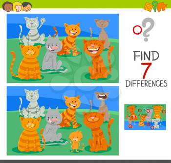 Cartoon Illustration of Finding Seven Differences Between Pictures Educational Game for Children with Cat or Kitten Characters