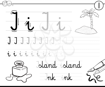Black and White Cartoon Illustration of Writing Skills Practice with Letter I for Preschool and Elementary Age Children Color Book