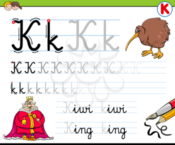 Cartoon Illustration of Writing Skills Practice with Letter K for Preschool and Elementary Age Children
