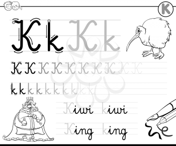 Black and White Cartoon Illustration of Writing Skills Practice with Letter K for Preschool and Elementary Age Children Color Book