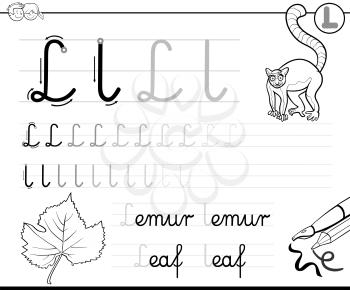 Black and White Cartoon Illustration of Writing Skills Practice with Letter L for Preschool and Elementary Age Children Color Book