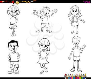 Black and White Cartoon Illustration of Children and Teen Characters Set Coloring Book