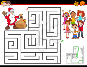 Cartoon Illustration of Education Maze or Labyrinth Activity Game for Children with Santa Claus