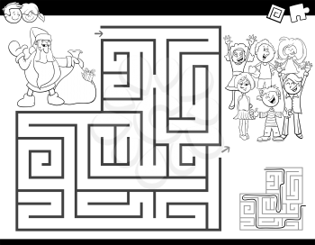 Black and White Cartoon Illustration of Education Maze or Labyrinth Activity Game for Children with Santa Claus Coloring Book