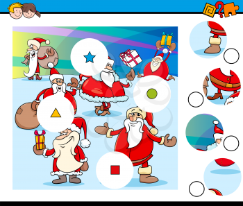 Cartoon Illustration of Educational Match the Pieces Jigsaw Puzzle Game for Children with Santa Claus Characters