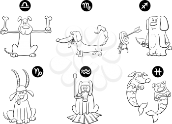 Black and White Cartoon Illustration of Horoscope Zodiac Signs with Dog Characters Set