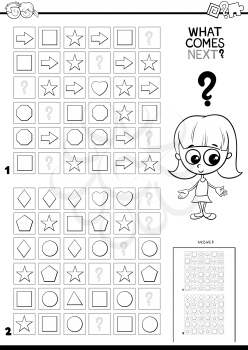 Black and White Cartoon Illustration of Completing the Pattern in the Rows Educational Game for Children Color Book