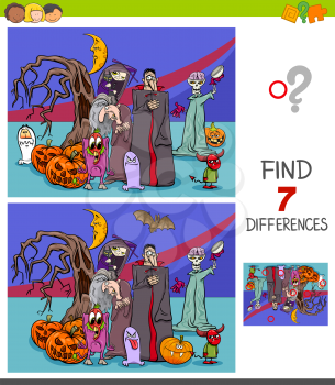 Cartoon Illustration of Finding Seven Differences Between Pictures Educational Game for Children with Halloween Characters