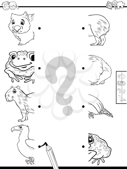 Black and White Cartoon Illustration of Educational Game of Matching Halves of Pictures with Animals Coloring Book