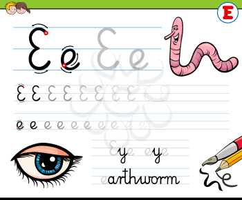 Cartoon Illustration of Writing Skills Practice with Letter E for Preschool and Elementary Age Children