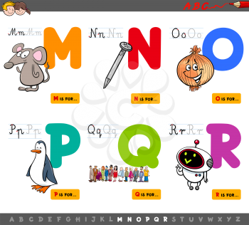 Cartoon Illustration of Capital Letters Alphabet Educational Set for Reading and Writing Practise for Children from M to R