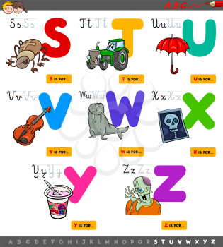 Cartoon Illustration of Capital Letters Alphabet Educational Set for Reading and Writing Practise for Children from S to Z