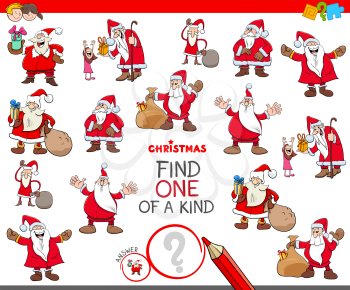 Cartoon Illustration of Find One of a Kind Picture Educational Game for Kids with Santa Claus Characters
