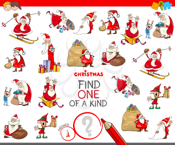 Cartoon Illustration of Find One of a Kind Picture Educational Game for Kids with Santa Claus Christmas Characters