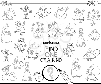 Black and White Cartoon Illustration of Find One of a Kind Picture Educational Game for Kids with Santa Claus Christmas Characters Coloring Book