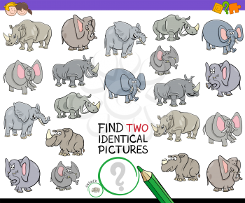 Cartoon Illustration of Finding Two Identical Pictures Educational Game for Kids with Elephants and Rhinoceros Characters