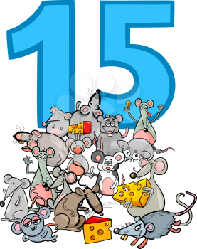 Cartoon Illustration of Number Fifteen and Mice Characters Group