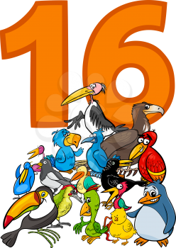 Cartoon Illustration of Number Sixteen and Bird Characters Group