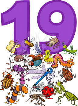 Cartoon Illustration of Number Nineteen and Insect Characters Group