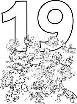 Black and White Cartoon Illustration of Number Nineteen and Insect Characters Group Coloring Book
