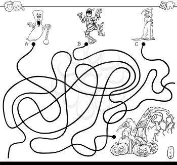 Black and White Cartoon Illustration of Lines Maze Puzzle Game with Halloween Spooky Characters Coloring Book