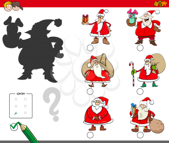 Cartoon Illustration of Finding the Right Shadow Educational Activity for Children with Santa Claus Characters