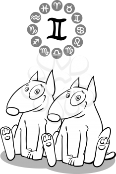 Cartoon Illustration of Funny Dog as Gemini Zodiac Sign