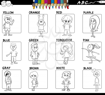 Black and White Cartoon Illustration of Basic Colors with Children Characters Educational Set Color Book