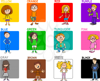 Cartoon Illustration of Basic Colors with Kids Characters Educational Set
