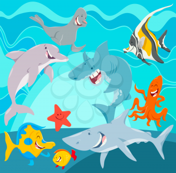 Cartoon Illustration of Funny Sea Life Animal Characters Group Underwater