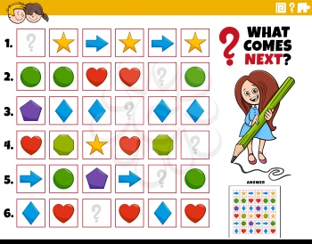 Cartoon Illustration of Completing the Pattern in the Rows Educational Task for Elementary Age or Preschool Children