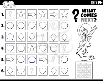 Black and White Cartoon Illustration of Completing the Pattern in the Rows Educational Task for Elementary Age or Preschool Children Coloring Book Page