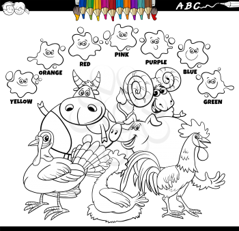 Black and White Educational Cartoon Illustration of Basic Colors for Children with Farm Animal Characters Group Coloring Book Page