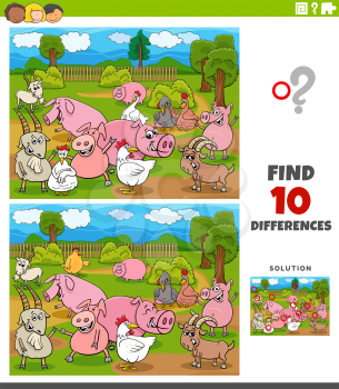 Cartoon Illustration of Finding Differences Between Pictures Educational Game for Children with Farm Animals Characters