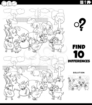 Black and White Cartoon Illustration of Finding Differences Between Pictures Educational Game for Children with Farm Animals Characters Coloring Book Page
