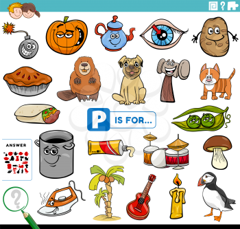 Cartoon Illustration of Finding Picture Starting with Letter P Educational Task Worksheet for Children with Objects and Comic Characters