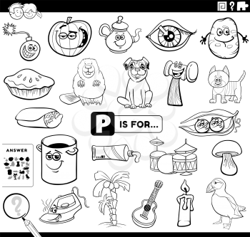 Black and White Cartoon Illustration of Finding Picture Starting with Letter P Educational Task Worksheet for Children with Objects and Comic Characters Coloring Book Page