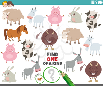 Cartoon illustration of find one of a kind picture educational game with funny farm animal characters
