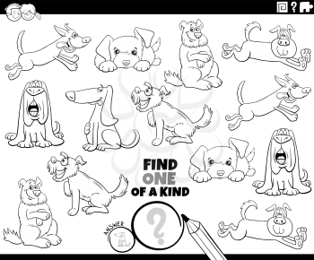 Black and white cartoon illustration of find one of a kind picture educational game with funny dogs animal characters coloring book page