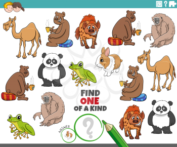 Cartoon illustration of find one of a kind picture educational game with cute animal characters