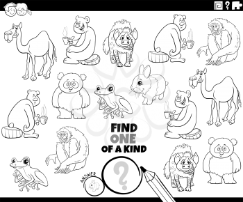 Black and white cartoon illustration of find one of a kind picture educational game with cute animal characters coloring book page