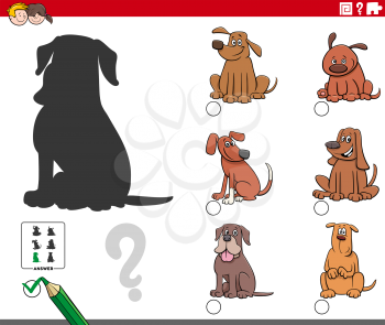 Cartoon Illustration of Finding the Right Picture to the Shadow Educational Task for Children with Funny Dogs Animal Characters