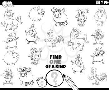 Black and White Cartoon Illustration of Find One of a Kind Picture Educational Game with Comic Farm Animal Characters Coloring Book Page