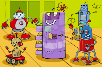 Cartoon Illustration of Comic Robots Fantasy Characters Group