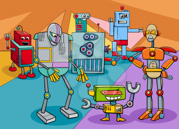 Cartoon Illustration of Funny Comic Robots Fantasy Characters Group