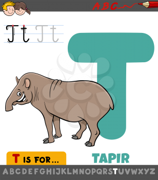 Educational Cartoon Illustration of Letter T from Alphabet with Tapir Animal for Children 